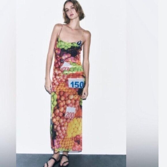 NWT ZARA Ruched Mesh Fruit Stand Strappy Maxi Dress 5039/201 Medium Bloggers Fav - Picture 4 of 11